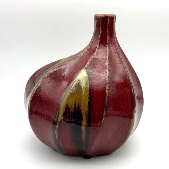 Studio Pottery Glazed Gourd Vase Chinese Oxblood Flambé Style Signed On Bottom